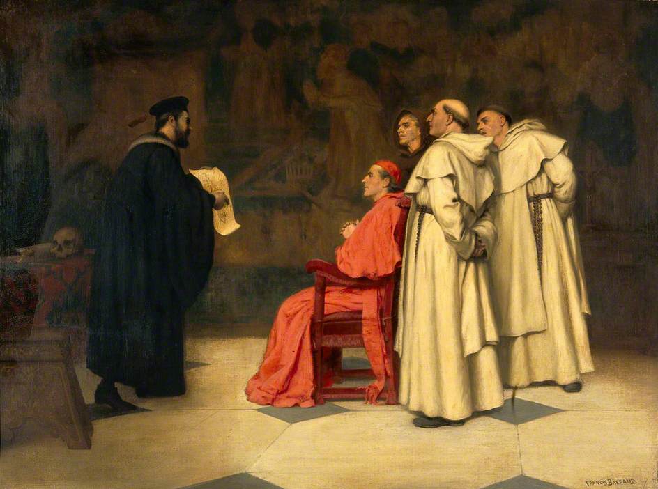 Gabriel Falloppius, Explaining One of His Discoveries to the Cardinal Duke of Ferrara, vintage artwork by Francis James Barraud, 12x8" (A4) Poster