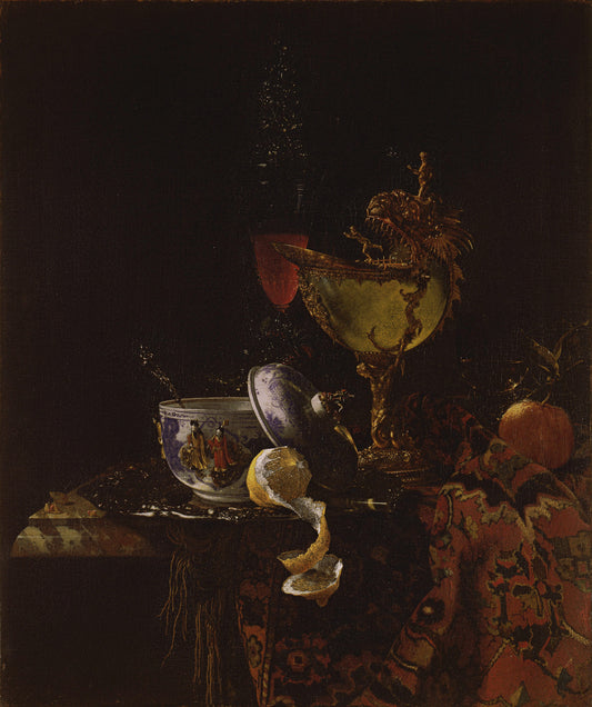Still Life with a Chinese Bowl, a Nautilus Cup and other Objects, vintage artwork by Willem Kalf, 12x8" (A4) Poster