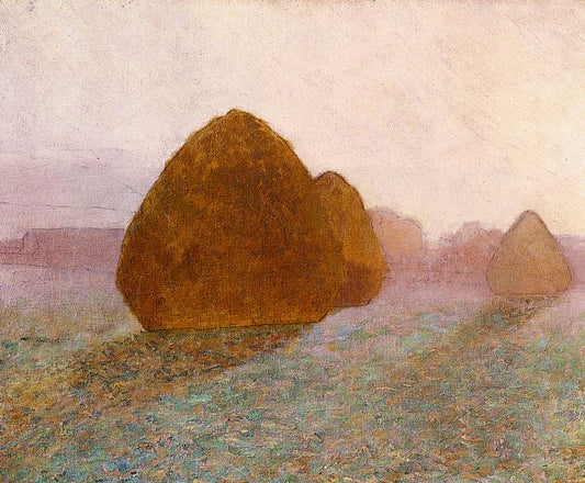 Haystack at Giverny, Normandy: Sun Dispelling Morning Mist, vintage artwork by John Leslie Breck, 12x8" (A4) Poster