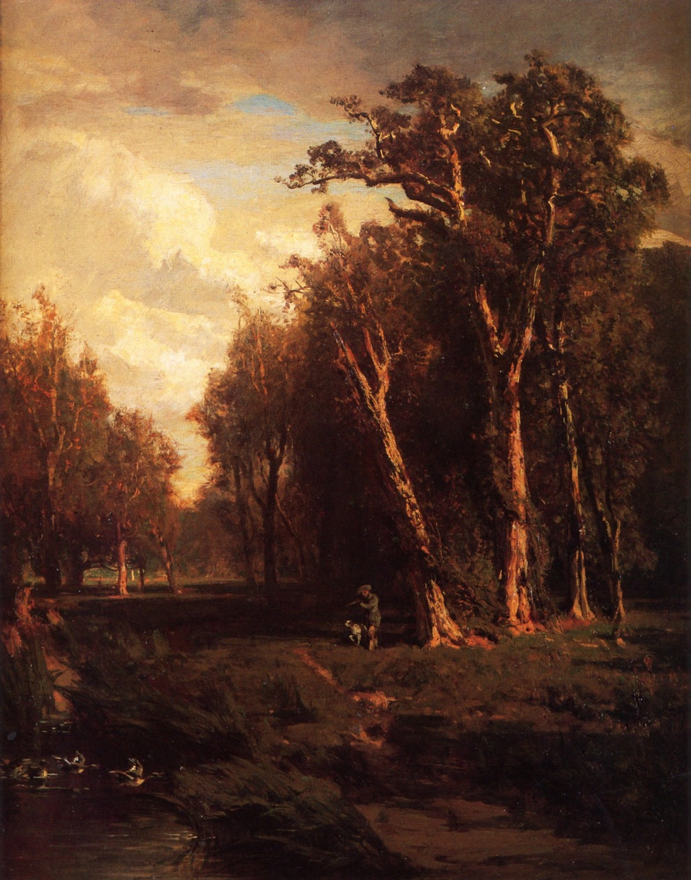 Hunter with Dog Jumping a Flock, vintage artwork by Thomas Hill, 12x8" (A4) Poster