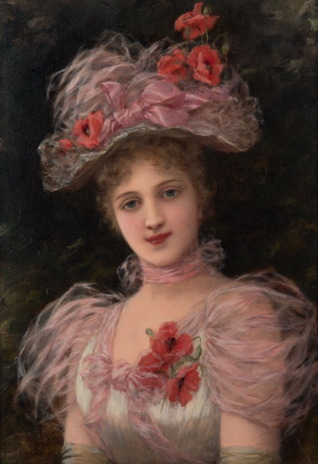 ng beauty with field poppy in hat by Emile Eisman-Semenowsky,A3(16x12")Poster