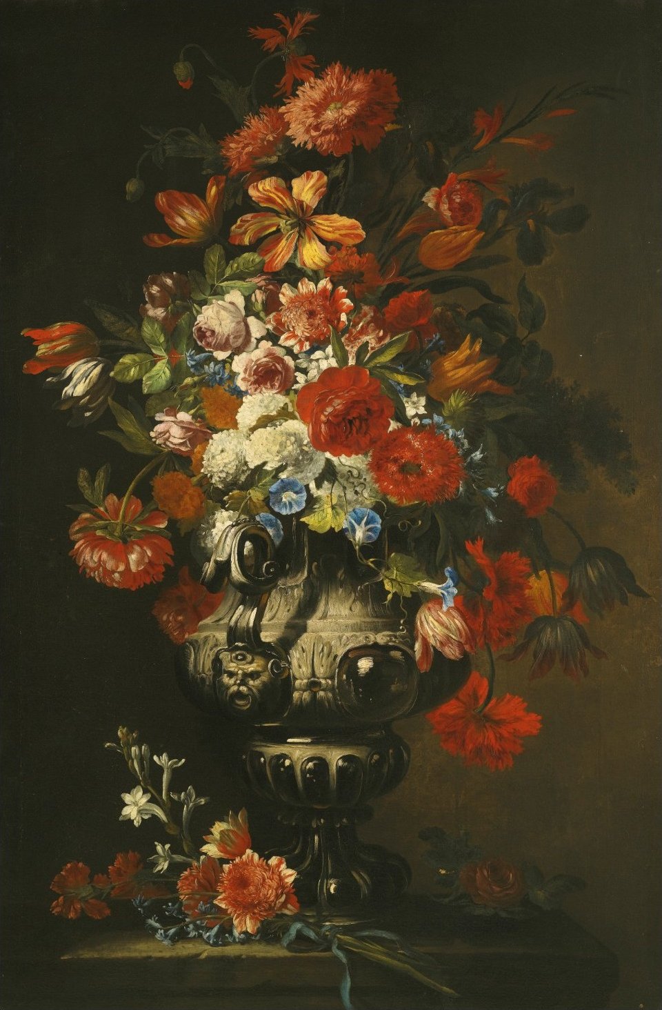 Still Life of Roses, Chrysanthemums and Tulips in an Ornate Silver Vase on a Stone Pedestal, vintage artwork by Abraham Brueghel, 12x8" (A4) Poster