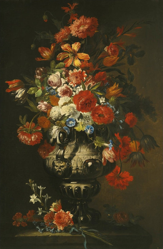 Still Life of Roses, Chrysanthemums and Tulips in an Ornate Silver Vase on a Stone Pedestal, vintage artwork by Abraham Brueghel, 12x8" (A4) Poster