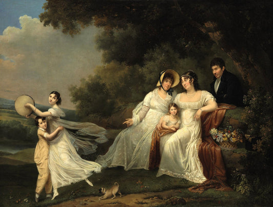 A family portrait in a river landscape, vintage artwork by Adèle Romany, 12x8" (A4) Poster