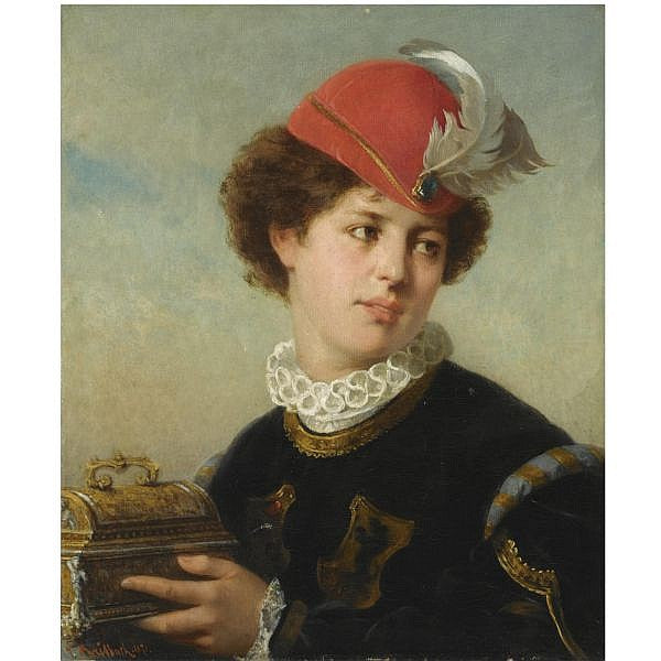 A young nobleman holding a small chest, vintage artwork by Carl Breitbach, 12x8" (A4) Poster