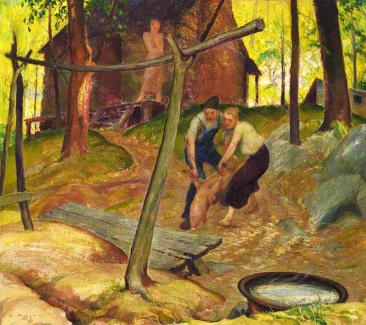 Slaughtering the Pig, vintage artwork by Edmund Marion Ashe, 12x8" (A4) Poster