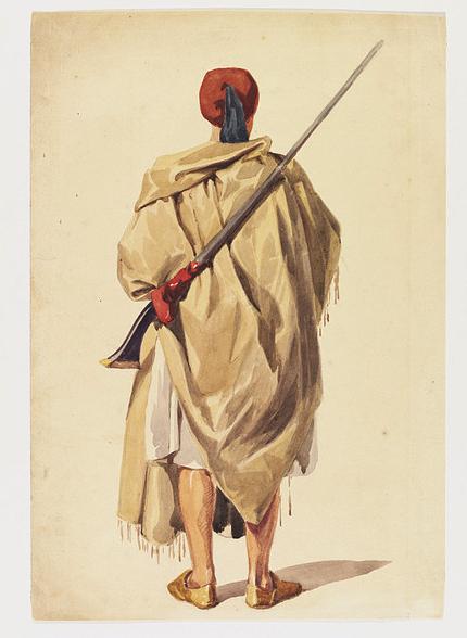 Moroccan Soldier, back view, vintage artwork by John Absolon, A3 (16x12