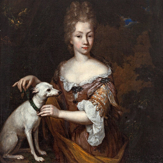 Portrait of a Lady with Whippet, vintage artwork by Constantin Netscher, 12x8" (A4) Poster