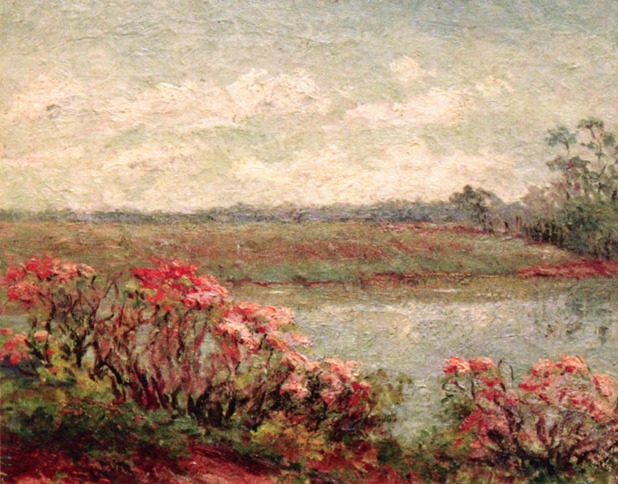 Landscape with Pink Blossoms, vintage artwork by Ellen Axson Wilson, 12x8" (A4) Poster