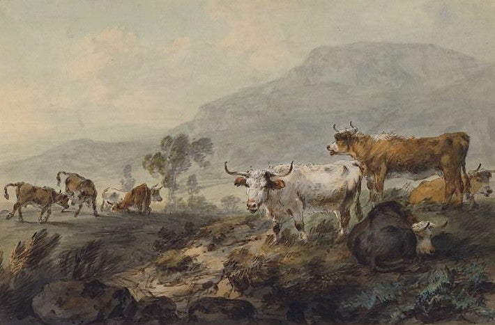 Cattle on an Upland, vintage artwork by Julius Caesar Ibbetson, 12x8" (A4) Poster