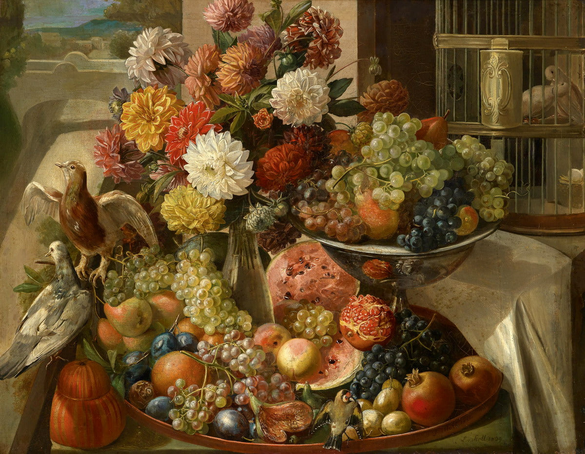 Great still life with birds, flowers and fruits, vintage artwork by Leopold von Stoll, 12x8" (A4) Poster