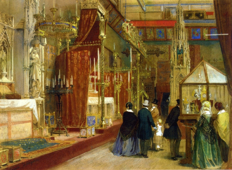 Interior of the Great Exhibition: The Medieval Court, vintage artwork by Louis Hague, A3 (16x12") Poster Print