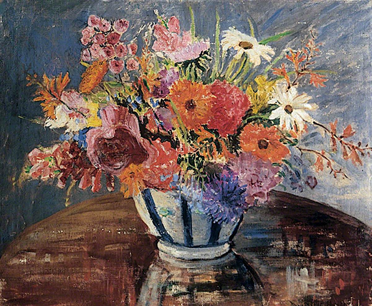 Flowers in a Blue Striped Vase by Mary Ethel Hunter,16x12(A3) Poster
