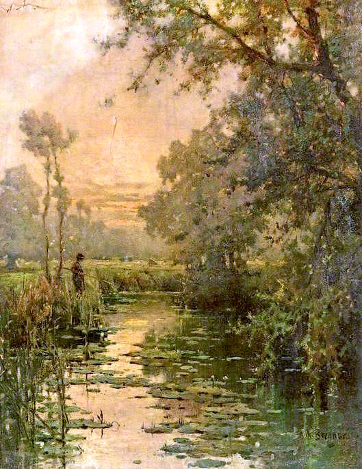 Fishing in a Stream, vintage artwork by Alfred de Breanski, Sr., 12x8" (A4) Poster