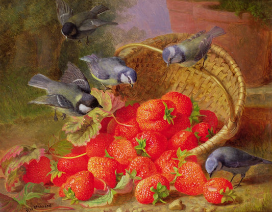 Still Life, Strawberries and Bluetits, vintage artwork by Eloise Harriet Stannard, 12x8" (A4) Poster