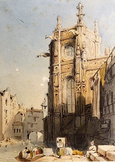 Chevet de l'eglise Saint-Pierre de Caen avec les lavandières (Chevet of St-Pierre with Laundresses), vintage artwork by Samuel Prout, 12x8" (A4) Poster