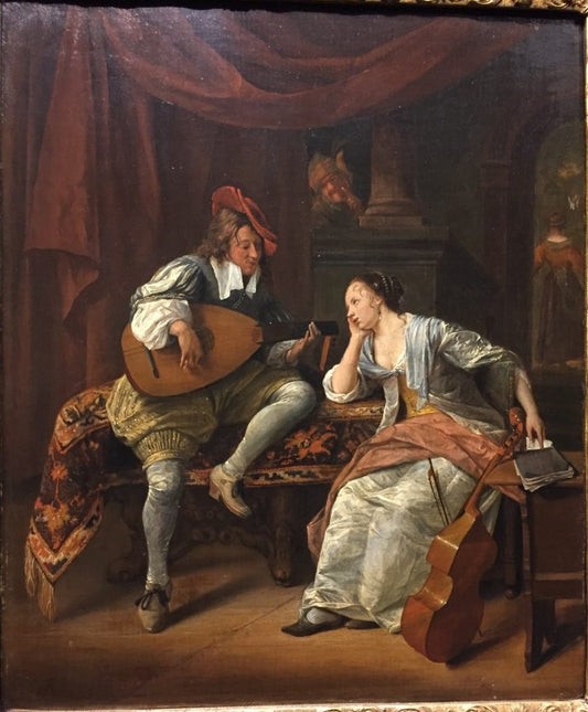 Cavalier Playing a Lute to a Lady (Lucelle and Ascagnes), vintage artwork by Jan Havicksz. Steen, 12x8" (A4) Poster