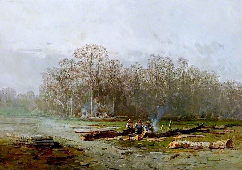 Misty Landscape with Woodcutters around a Fire, vintage artwork by Eugene Deshayes, 12x8" (A4) Poster