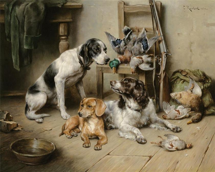 An English Pointer, a Dachshund and an English Springer Spaniel after the hunt, vintage artwork by Carl Reichert, 12x8" (A4) Poster