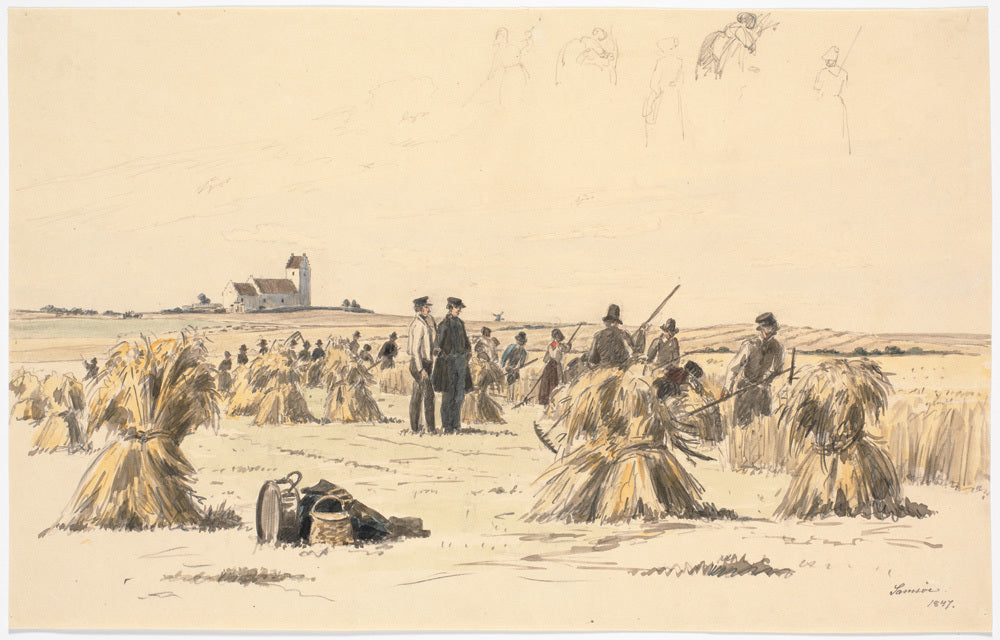 Harvesters in the fields. The church of Besser in the background, vintage artwork by Martinus Rørby e, A3 (16x12") Poster Print