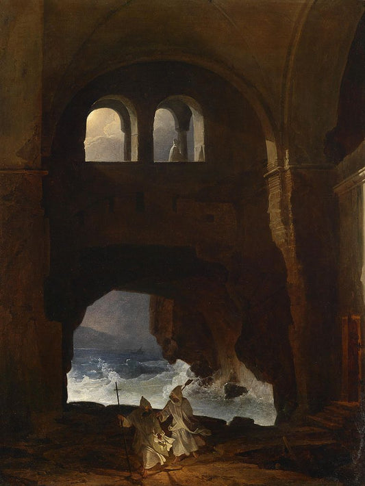 Monks in the courtyard of a monastery on the sea, vintage artwork by Franz Ludwig Catel, 12x8" (A4) Poster