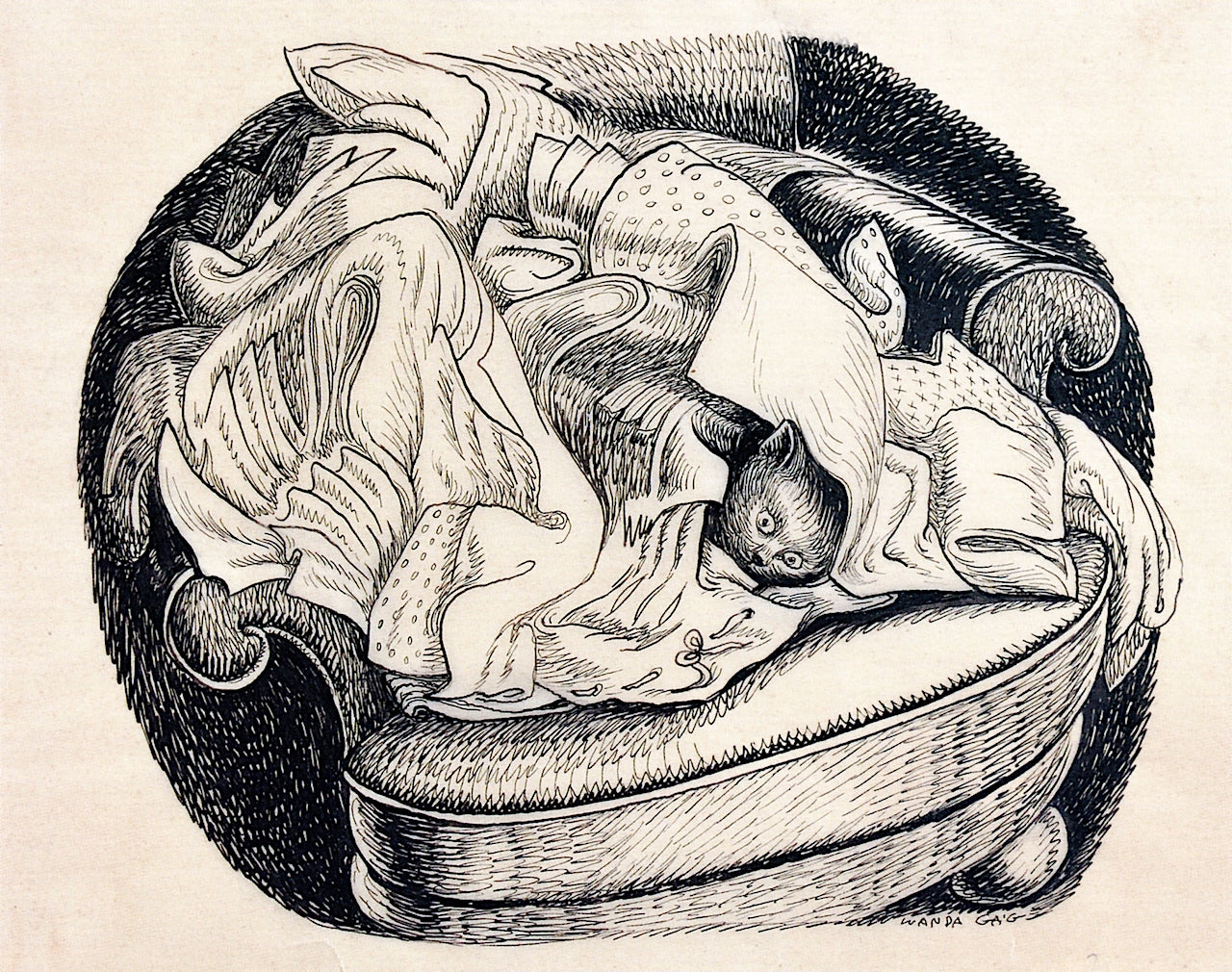 Cat Hiding in a Laundry Pile, vintage artwork by Wanda Gag, 12x8" (A4) Poster