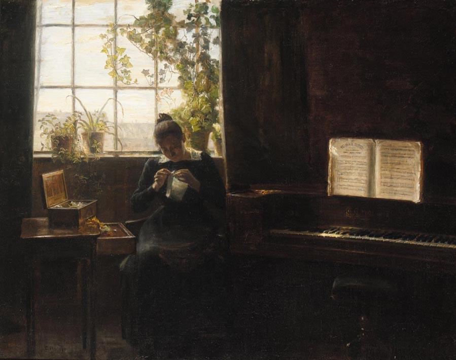 A Young Lady Sewing Beside a Piano, vintage artwork by Carl Vilhelm Holsøe, 12x8" (A4) Poster