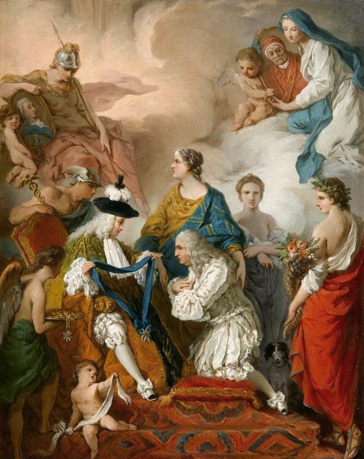 The Duke of Saint Aignan Investing the Prince of Cantalupe and Duke of Selci, with the  Insignia of a Knight of the Holy Spirit, vintage artwork by Pierre Subleyras, 12x8" (A4) Poster