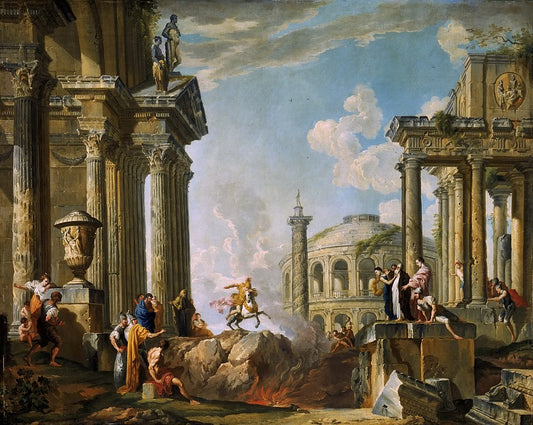 A capriccio of a saint preaching to classical figures among Roman ruins, vintage artwork by Giovanni Paolo Panini, 12x8" (A4) Poster