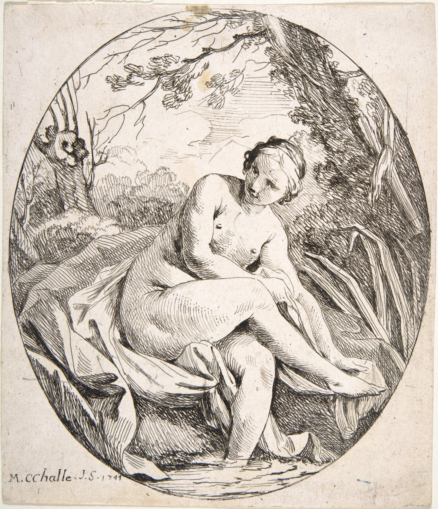 Nymph at a Bath, vintage artwork by Charles-Michel-Ange Challe, 12x8" (A4) Poster