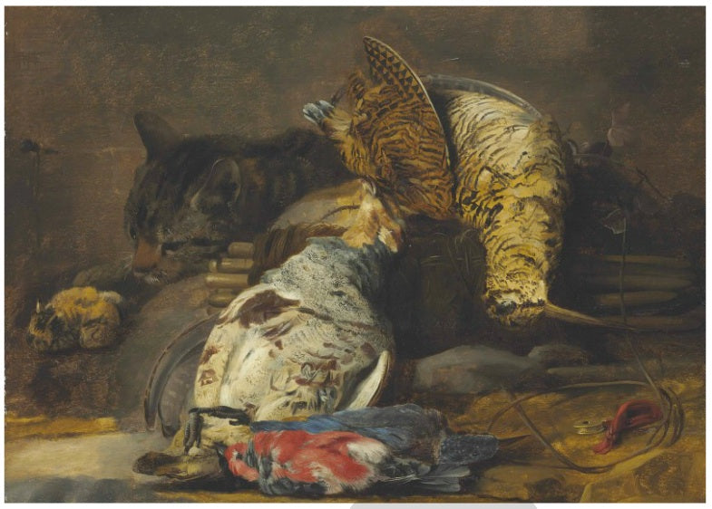 A woodcock, partridge, kingfisher, finches and a cat, with a decoy whistle and a wooden snare, vintage artwork by Carstian Luyckx, 12x8" (A4) Poster