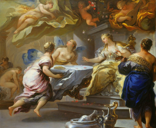 Psyche Served by  Invisible Spirits, vintage artwork by Luca Giordano, 12x8" (A4) Poster