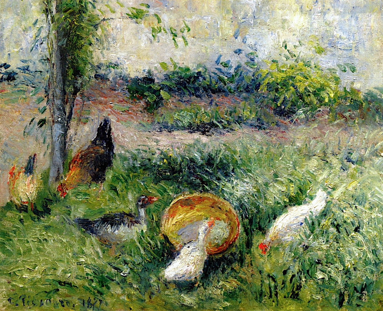 Barnyard with Chickens and Ducks, vintage artwork by Camille Pissarro, 12x8" (A4) Poster