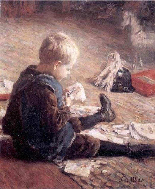 Boy Playing, vintage artwork by Fritz von Uhde, 12x8" (A4) Poster