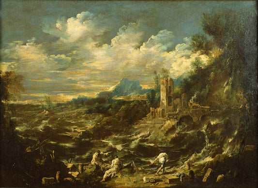 Landscape with Stormy Sea, vintage artwork by Alessandro Magnasco, 12x8" (A4) Poster