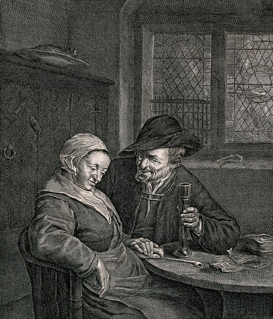 A couple sitting at a table, vintage artwork by Cornelis Visscher, 12x8" (A4) Poster