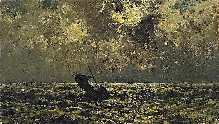 Chiemsee Fisherman, Stormy Water, vintage artwork by Eduard Schleich, A3 (16x12") Poster Print