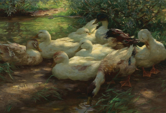 Eight Ducks on the Riverbank, vintage artwork by Alexander Koester, 12x8" (A4) Poster