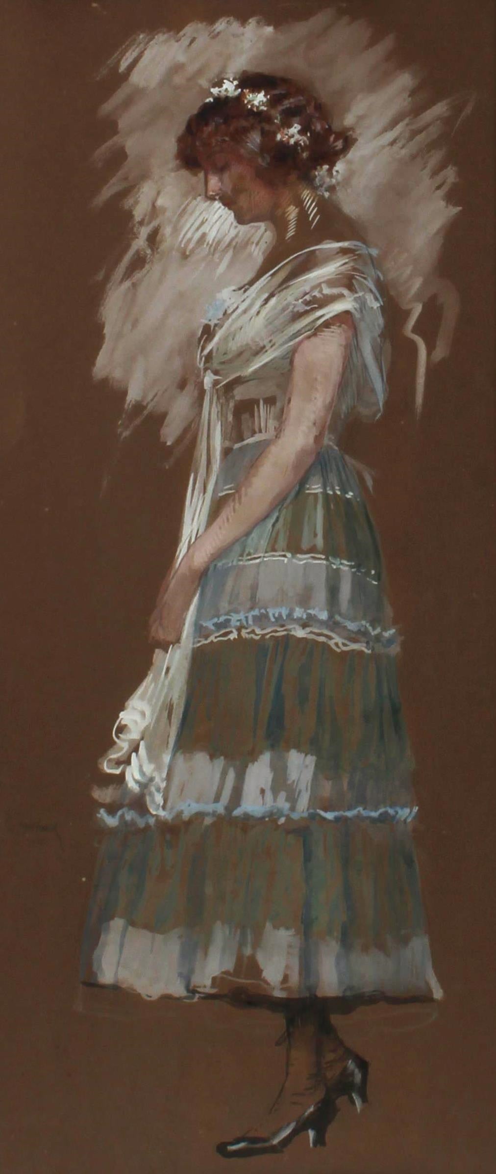 Young Woman in a Tulle Dress with Flowers in her Hair, vintage artwork by Josef Engelhart, 12x8" (A4) Poster