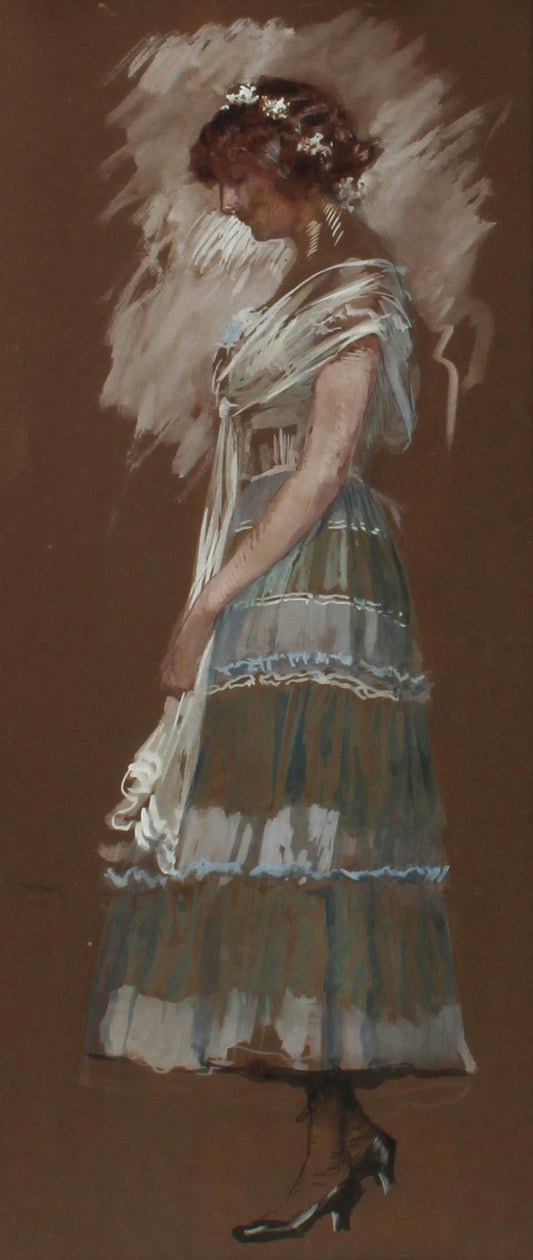 Young Woman in a Tulle Dress with Flowers in her Hair, vintage artwork by Josef Engelhart, 12x8" (A4) Poster