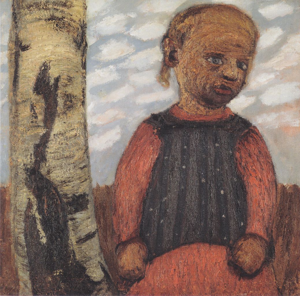Girl in a red dress by  a tree trunk, vintage artwork by Paula Modersohn-Becker, 12x8" (A4) Poster