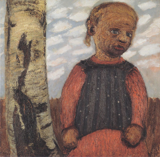 Girl in a red dress by  a tree trunk, vintage artwork by Paula Modersohn-Becker, 12x8" (A4) Poster