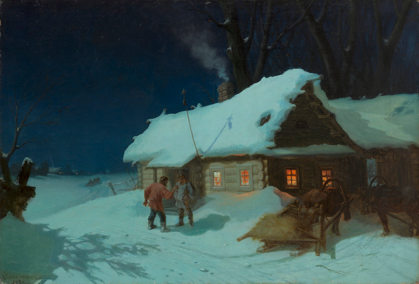 Night Scene near a Tavern, vintage artwork by Leonid Solomatkin, 12x8" (A4) Poster