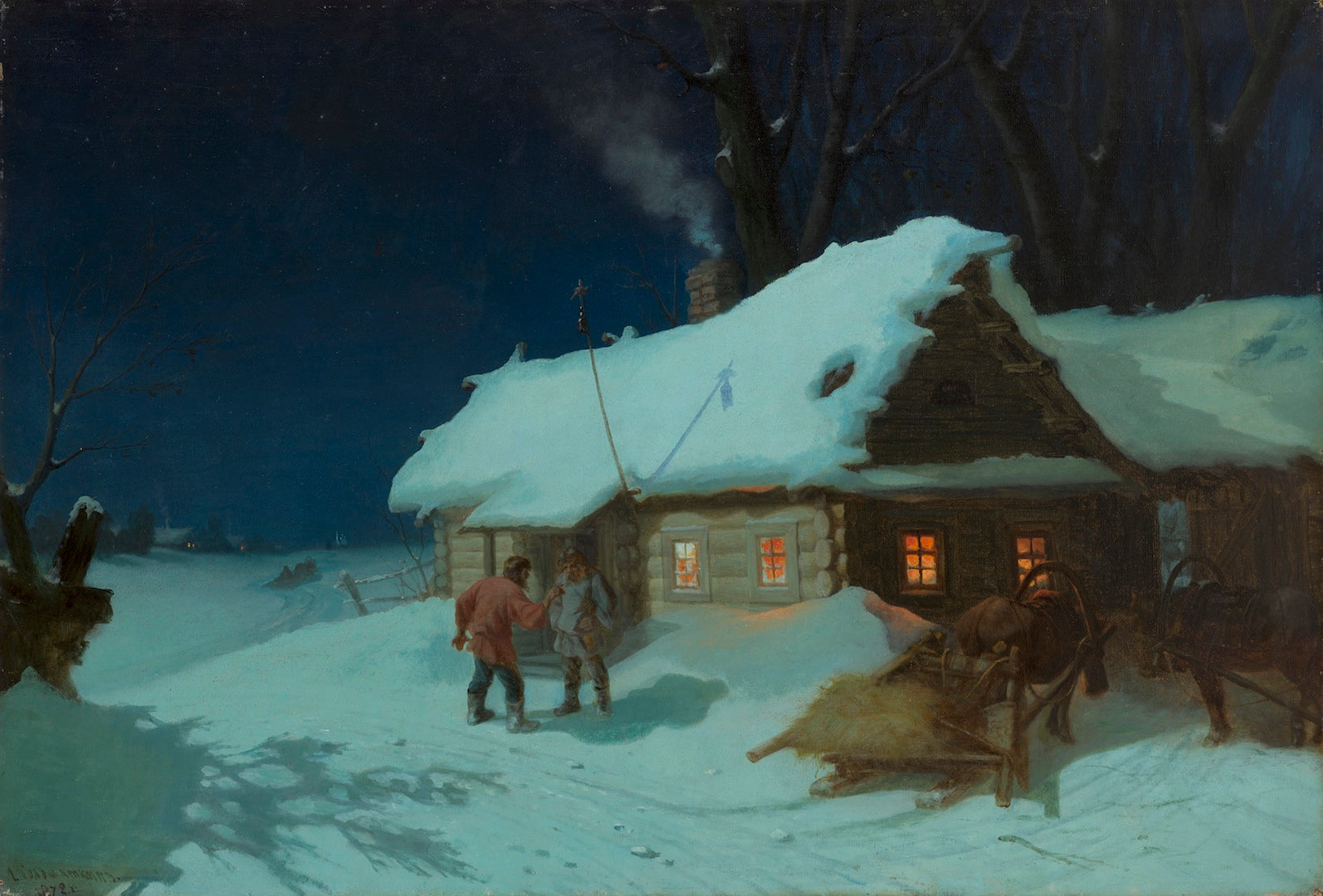Night Scene near a Tavern, vintage artwork by Leonid Solomatkin, 12x8" (A4) Poster