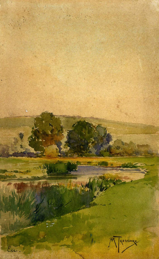 River landscape, vintage artwork by Mikhail Tkachenko, 12x8" (A4) Poster