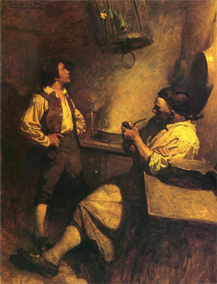 Jim Hawkins, Long John Silver and his Parrot, vintage artwork by Newell Convers (N.C.) Wyeth, 12x8" (A4) Poster