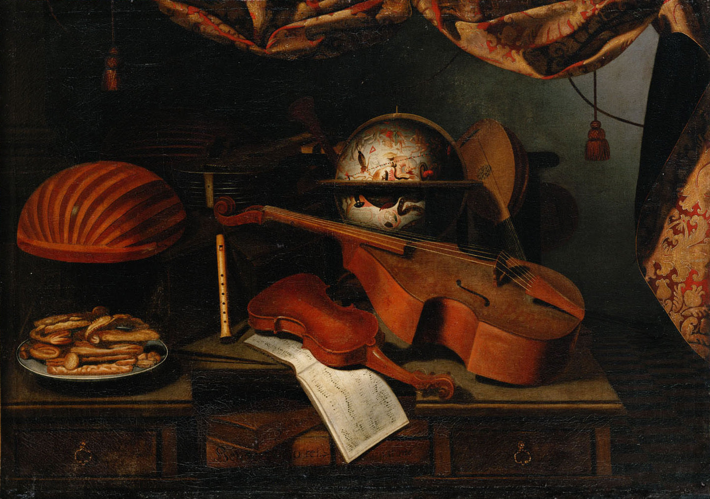 Still Life with Musical Instruments, a Globe and Plate of Pastries, vintage artwork by Bartolomeo Bettera, 12x8" (A4) Poster