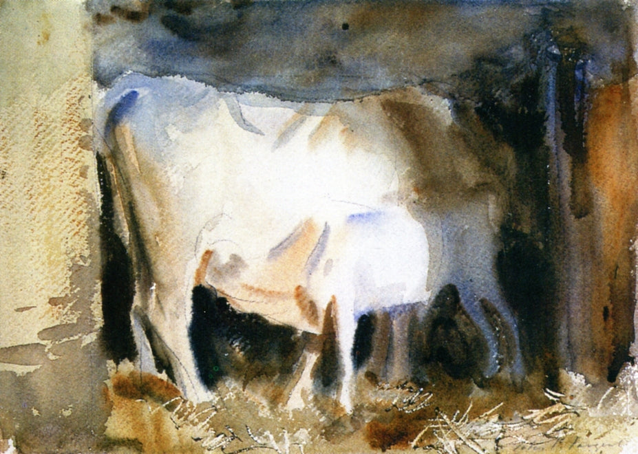 At Siena: A Cow and a Calf in a Stall, vintage artwork by John Singer Sargent, 12x8" (A4) Poster