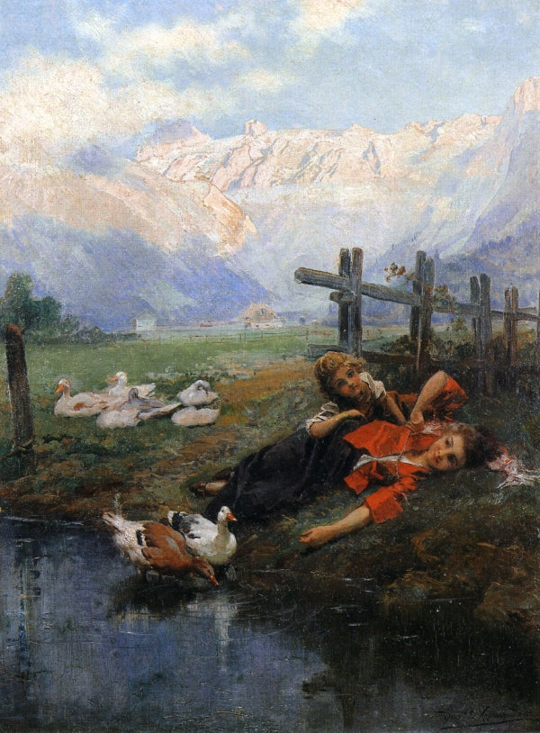 Children and Geese by a Pond by Daniel Hernandez Morillo,A3(16x12")Poster