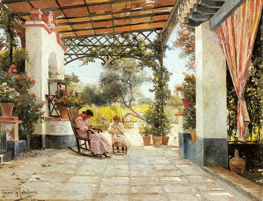  and Daughter Sewing in a Patio by Manuel Garcia y Rodriguez,A3(16x12")Poster